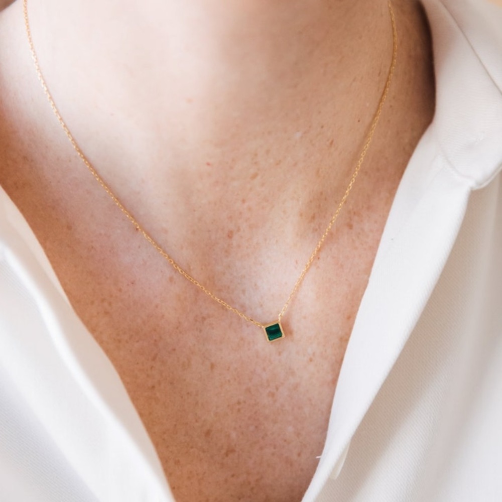 Malachite Square Pendant Necklace 18K Gold S925 - Picture 2 of 9